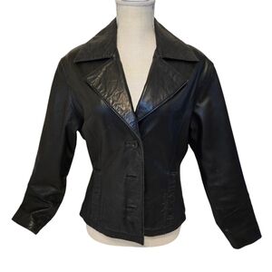 Wilsons The Leather Experts Black Leather Jacket buttons front XS Brat Y2k